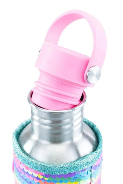 Glitter water bottle with pink carry handle, silver lid, rainbow and teal scale design