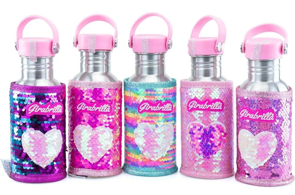 Glitter water bottle set with pink handles, heart graphics, rainbow and purple sparkle