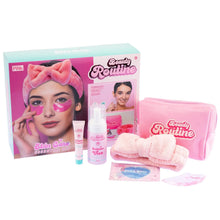 Beauty Routine skin care set with pink headband, pouch, bottles, and cleansing pads