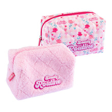 Soft beauty case set: pink plush pouch and floral-check zip pouch with hearts
