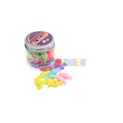 Clear bead jar with purple lid, filled with pastel multicolor beads
