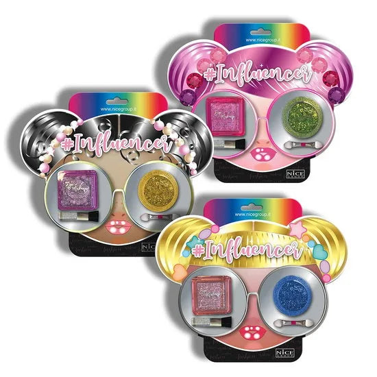Influencer shiny look makeup set with three compacts, glitter shades, and tools