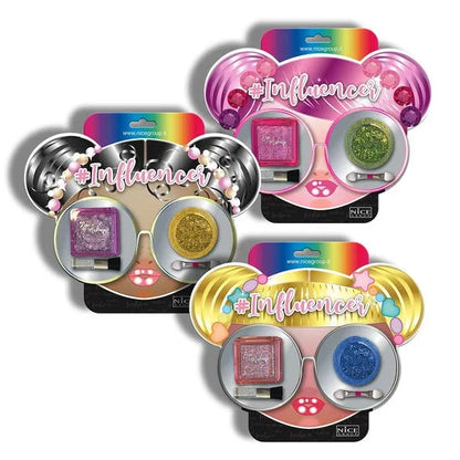 Influencer shiny look makeup set with three compacts, glitter shades, and tools