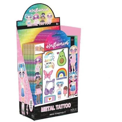 Metal tattoo blister pack box with colorful character, butterfly and heart graphics