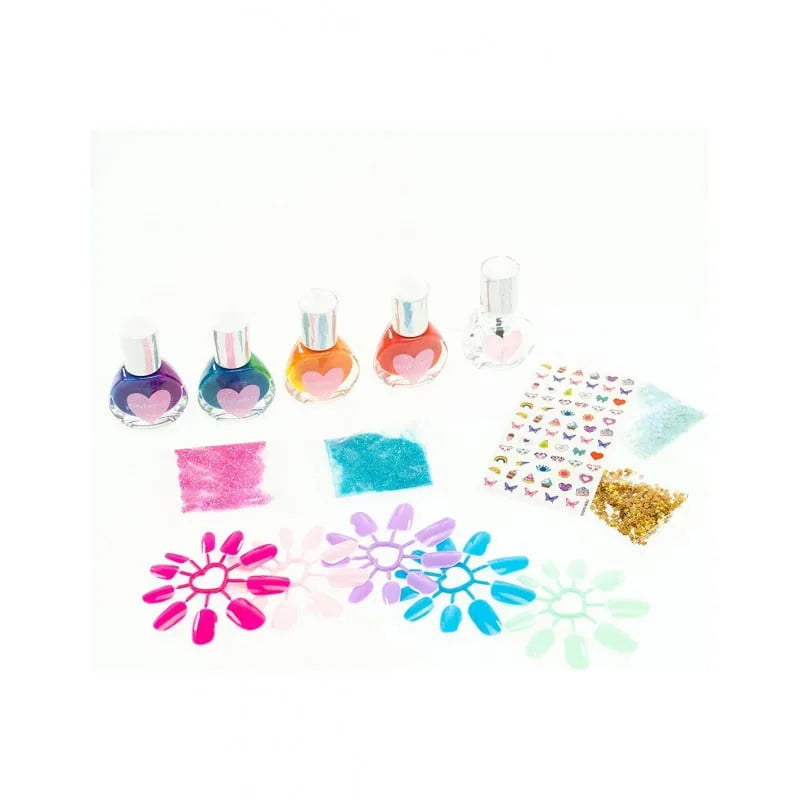 Rainbow manicure set with heart nail polish bottles and rainbow nail decals