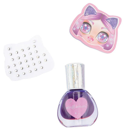 Color-changing nail polish bottle with heart label and cat-shaped cap