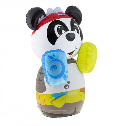 Inflatable panda boxing coach with red cap, black ears, and blue and green gloves