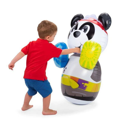 Panda boxing coach inflatable with yellow and blue boxing pads, with child playing