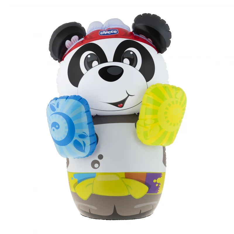 Panda boxing coach inflatable with friendly panda face and lime, blue boxing gloves