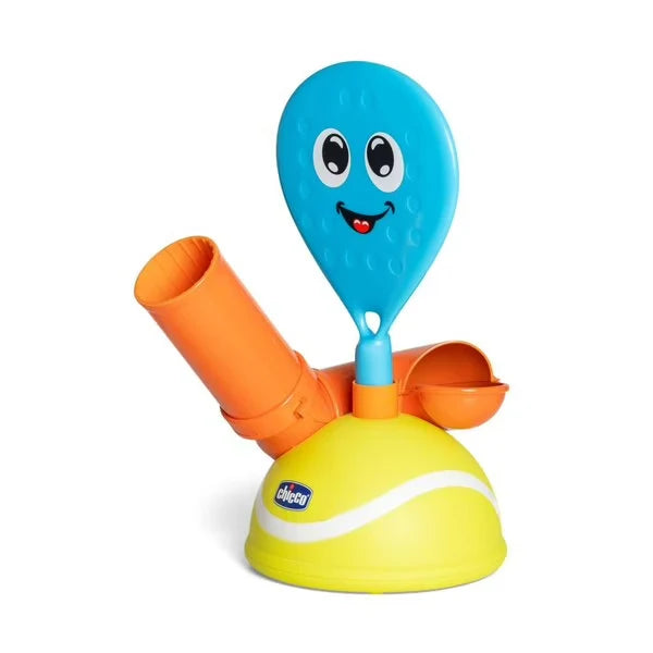 Electric padel game blue smiling paddle with orange handle and yellow base
