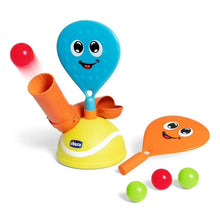 Electric padel game: blue smiling racket, yellow base, orange paddle, red and green balls