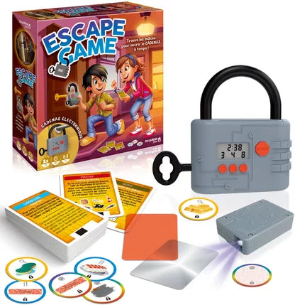 Escape game set with box, electronic chain lock, cards, and code tokens