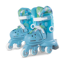 Blue inline roller skates with adjustable strap and patterned cuff, 4 wheels