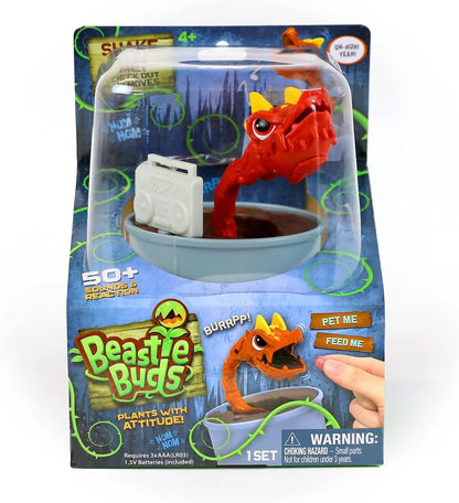 Red snap dragon toy in light blue bowl with white sound device, retail box front view