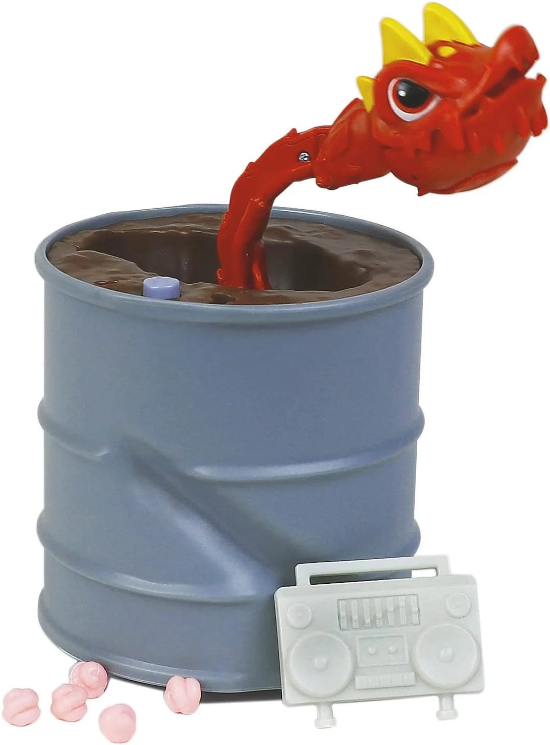Red snap dragon sitting in light blue pot with white base sound/speaker unit