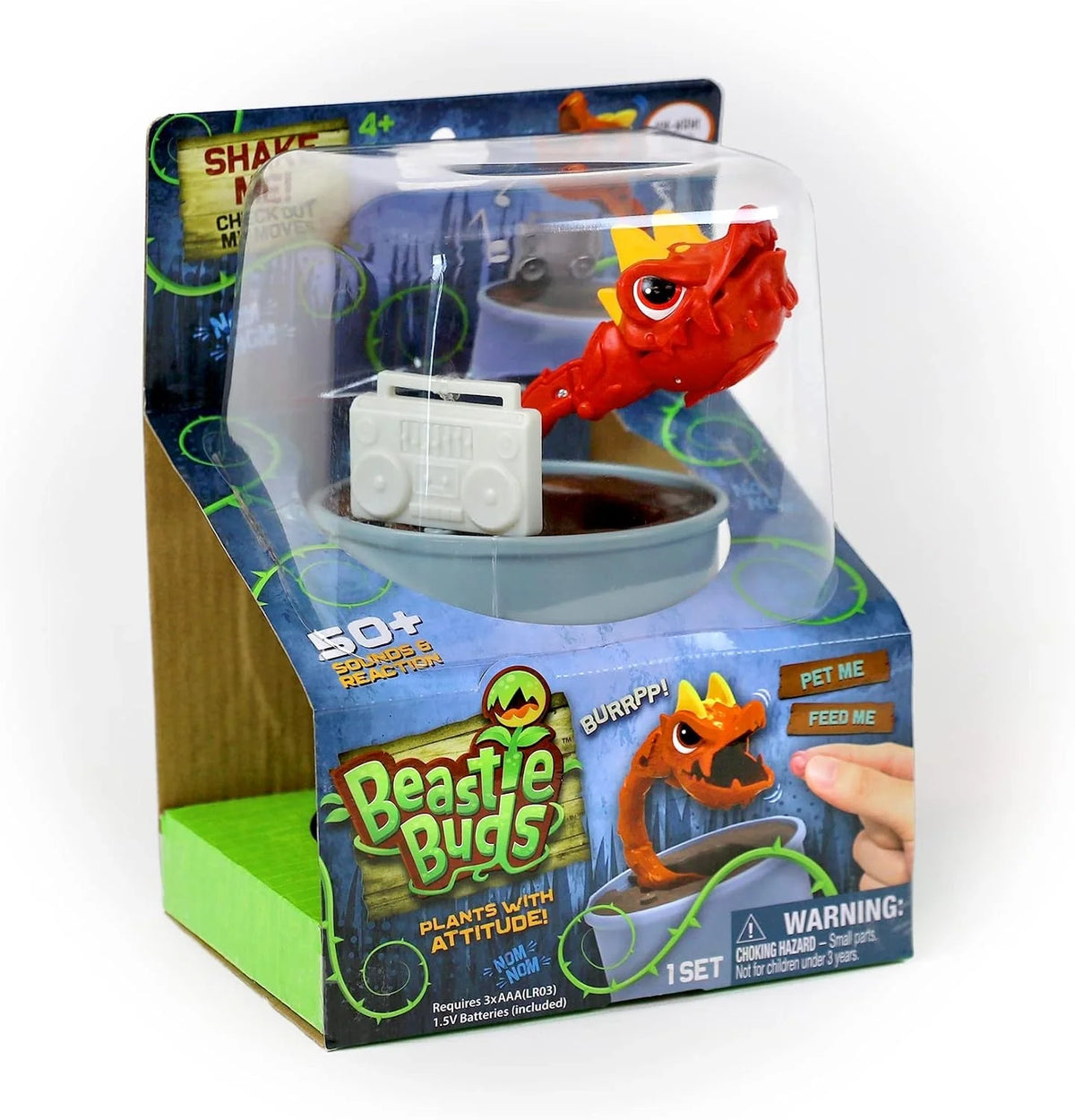 Red snap dragon toy in light blue bowl with white sound device, inside retail package