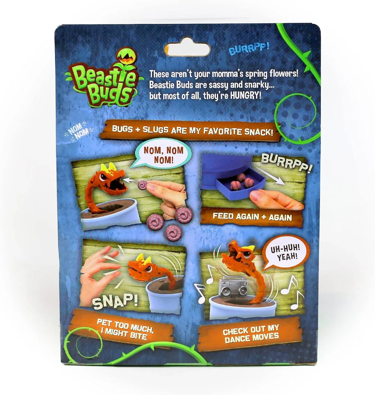 Beastie Buds snap dragon toy box back with illustrated feeding and action panels