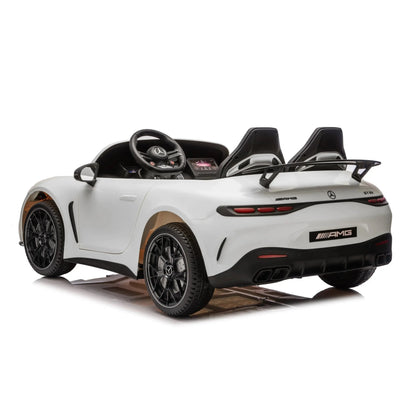 12V AMG GT63 Elektroauto, weiß, Seitenansicht mit Lenkrad und Sportfelgen