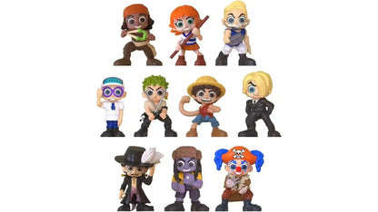 Multiple One Piece minifigures with different outfits and accessories