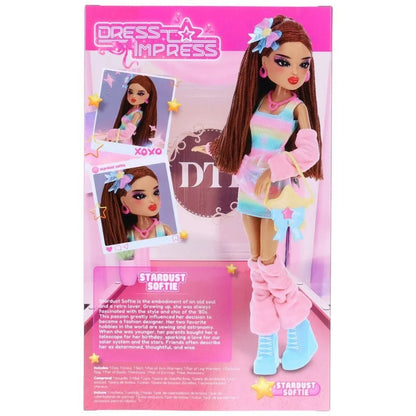 Pastel pink and light blue fashion doll with long brown hair in star-themed outfit