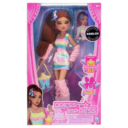 Stardust Softie doll outfit in rainbow mini dress with pink fuzzy boots