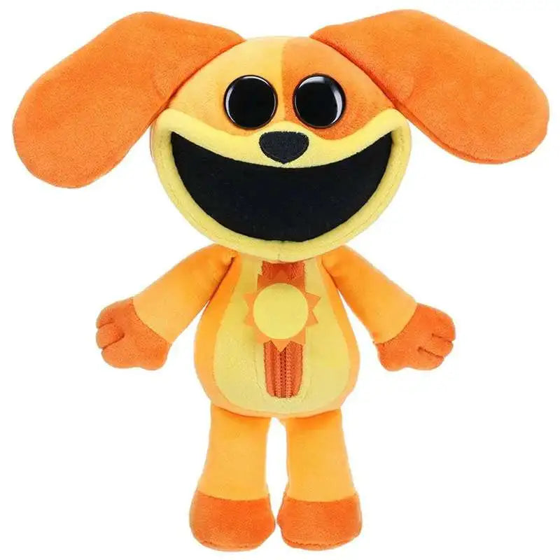 Orange plush collectible dog character with big black smile and button eyes