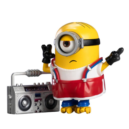 Stuart Minion figure wearing goggles and red overalls, hands up, with radio