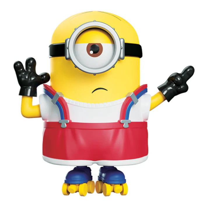 Minion Stuart close-up: yellow head, goggles, red overalls with blue shoes