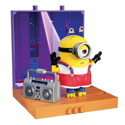 Minions Stuart dancer figure with silver radio, red overalls, blue shoes on base