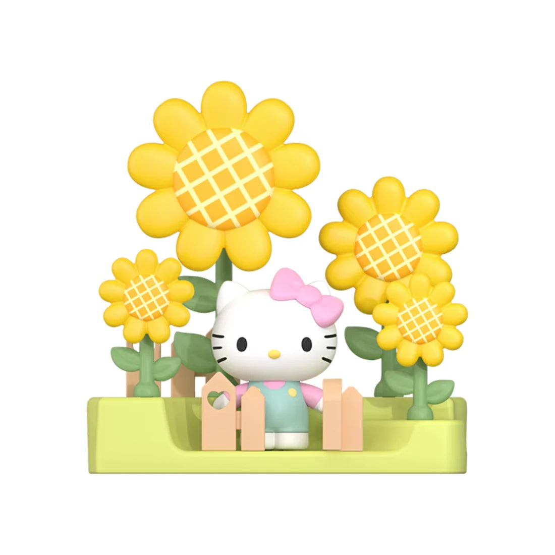 Hello Kitty figurine with yellow sunflower trees and pink bow on green base