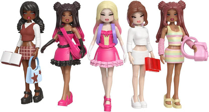 Five fashion dolls in outfits, including pink and white looks, with accessories