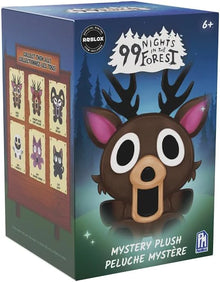 Mystery plush deer in blind box packaging, large round eyes and dark antlers.