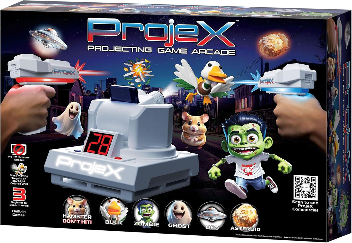 Laser battle game arcade set retail box showing two blasters, central unit, and characters