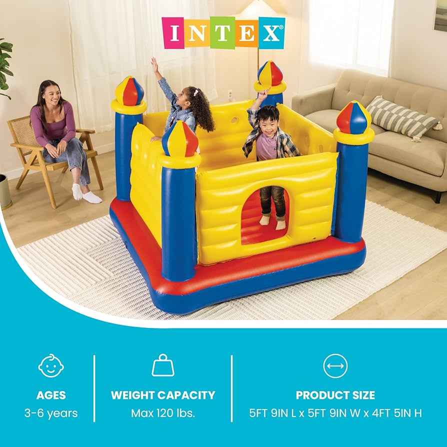 Inflatable castle bouncer with yellow walls and blue sides, red floor, open front doorway