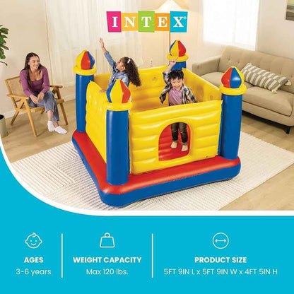 Inflatable castle bouncer with yellow walls and blue sides, red floor, open front doorway