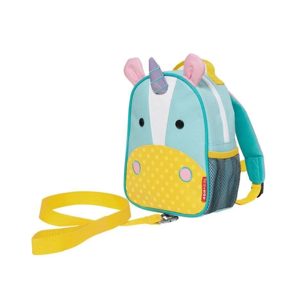 Kids unicorn mini backpack with teal body, white face, pink ears, yellow strap