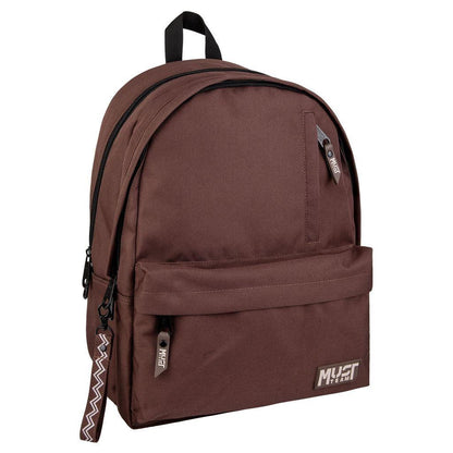 Monochrome brown backpack with beige front panel, top handle, two main compartments