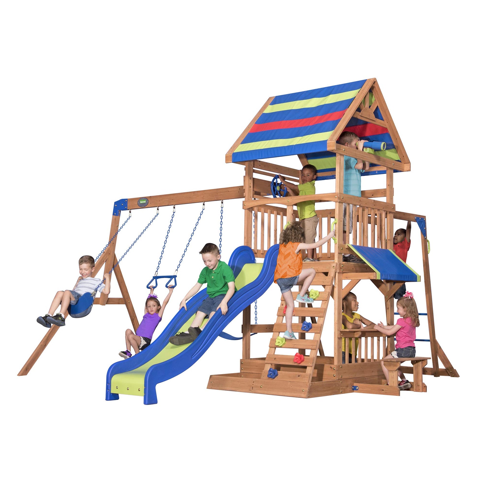 Kinder-Spielset: Holz-Spielturm mit Rutsche, Schaukeln und Klettertreppe