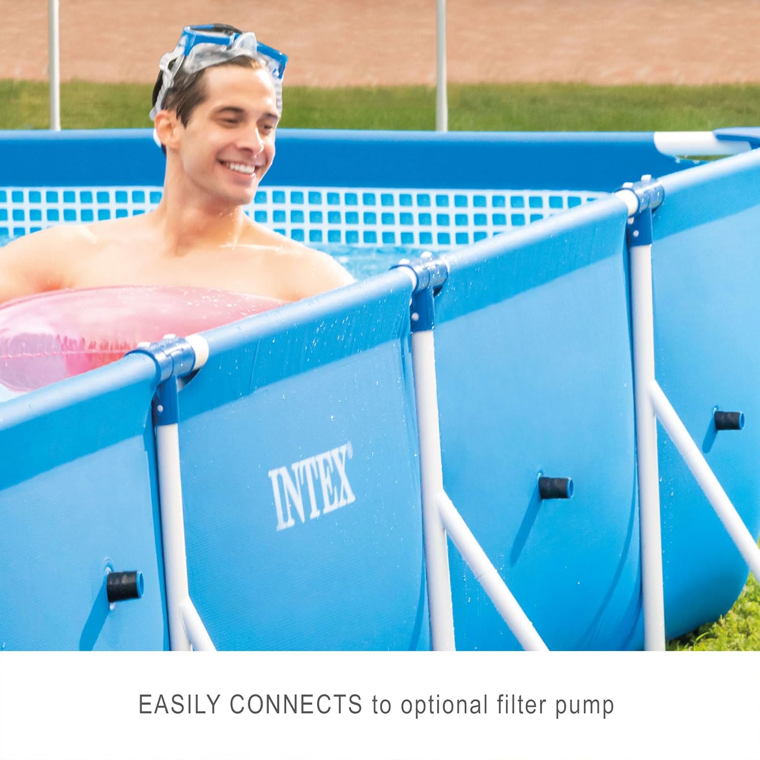 Intex rectangular above-ground pool with ladder and swimmer, blue side wall close-up