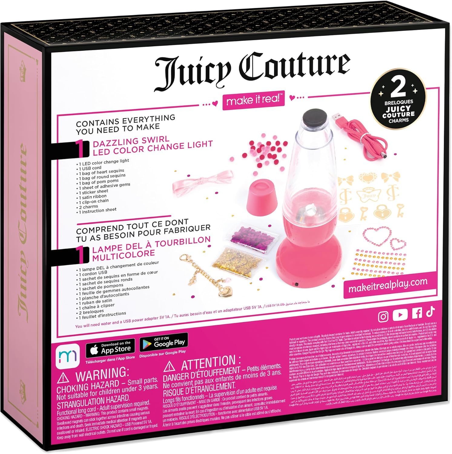 Parte trasera de la caja Juicy Couture con instrucciones y piezas para la lámpara LED multicolor