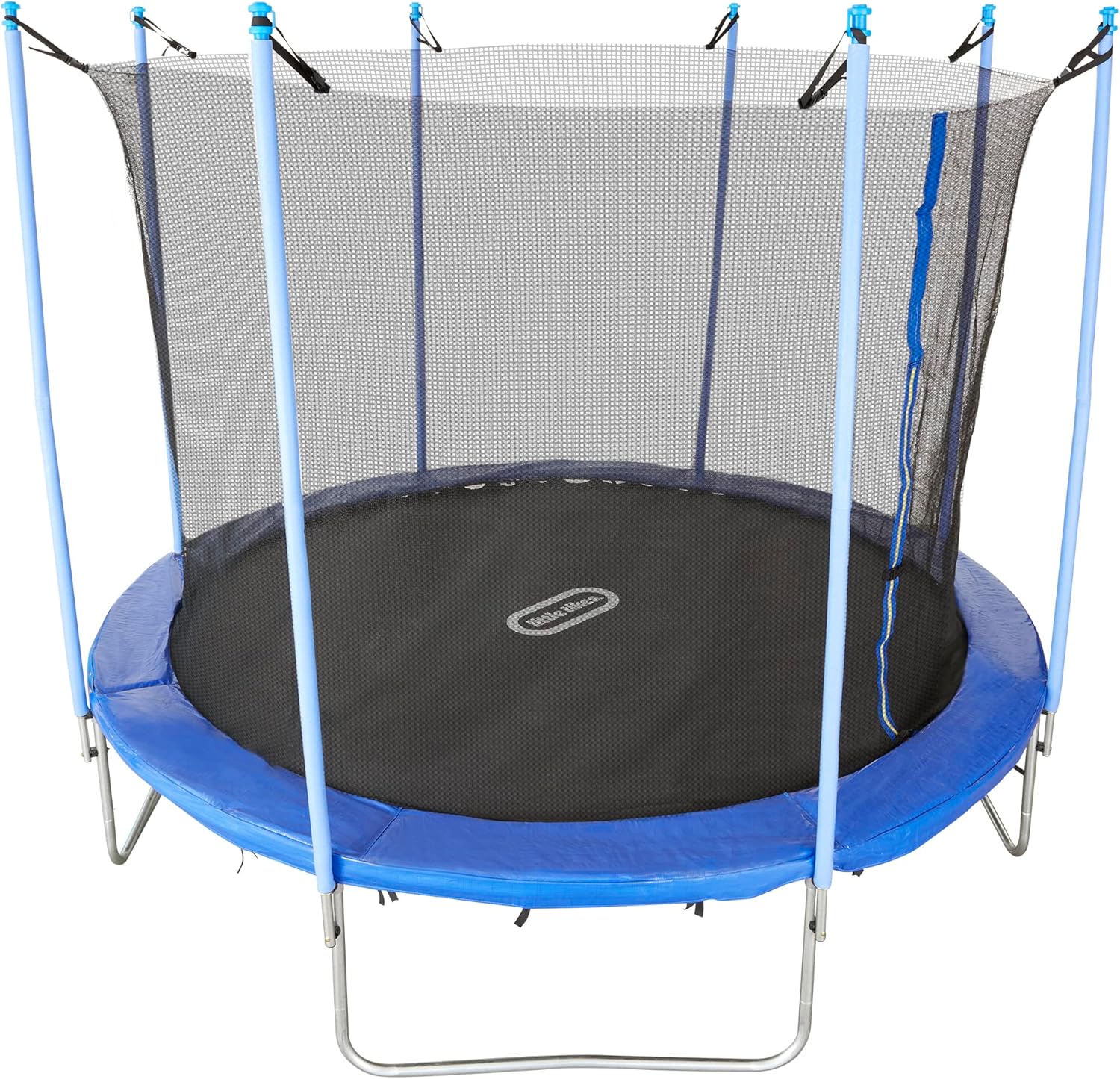 Trampoline with blue padding, black jumping mat, and mesh safety enclosure