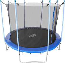 Trampoline with blue padding, black jumping mat, and mesh safety enclosure