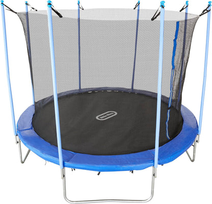 Trampoline with blue padding, black jumping mat, and mesh safety enclosure