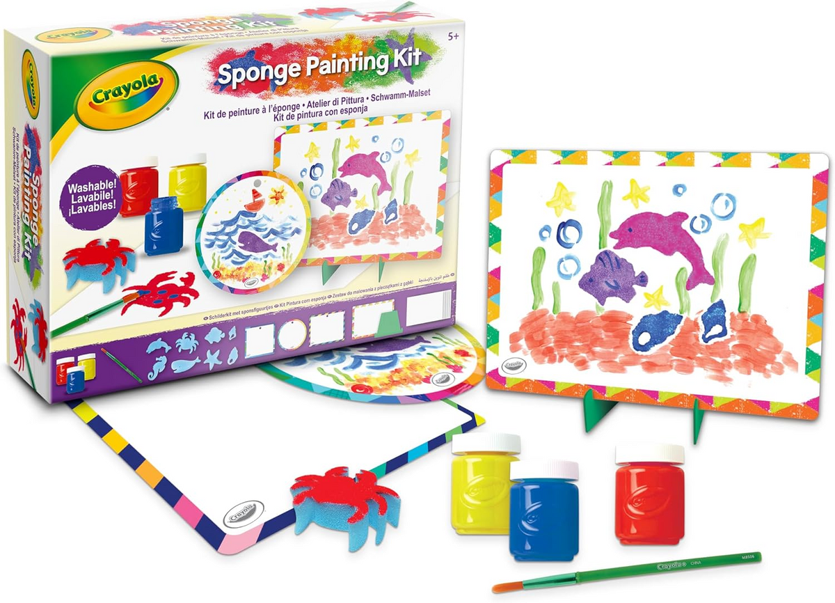 Sponge painting kit box with paints, sponges, and a sea-themed stencil sheet