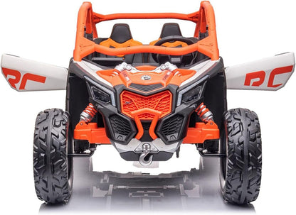 Orange and black off-road UTV toy, front view with orange grille and black suspension