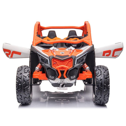 Orange and black off-road UTV toy, front view with red RC lettering on white fenders