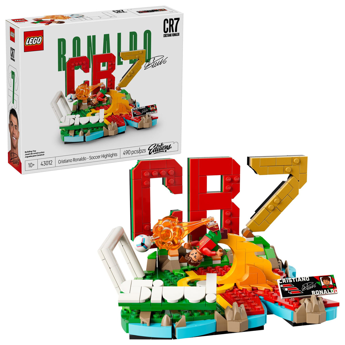 LEGO Cristiano Ronaldo Soccer Highlights set box with CR7 letters and model build