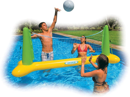 Inflatable volleyball set in pool with green net posts and gray volleyball