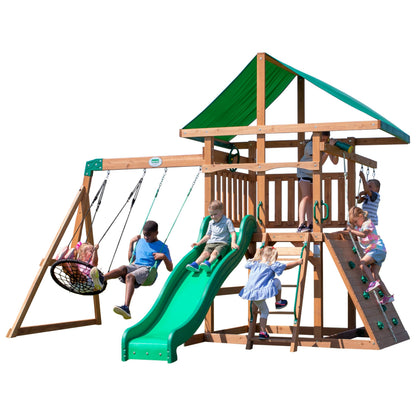 American Wood Swing Spielset mit grünem Rutschbogen, Schaukeln und Kletterwand