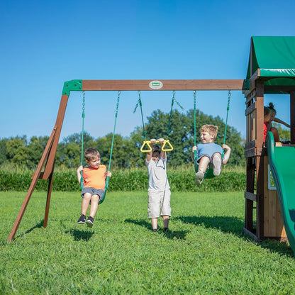 Swing set frame with toddler swing seats and yellow rings on chains